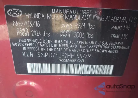 2017 Hyundai Elantra Se z USA, uszkodzony, nr VIN 5NPD74LF2HH155779